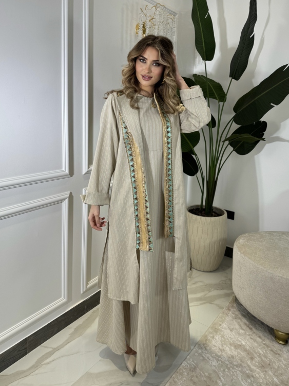 Beige-golded Linen Two Piece Set Jalabiya بوكهانتس