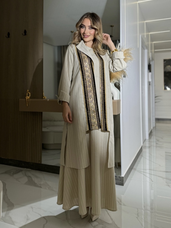 Beige-golded Linen Two Piece Set Jalabiya بوكهانتس