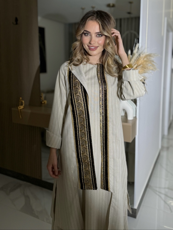 Beige-golded Linen Two Piece Set Jalabiya بوكهانتس