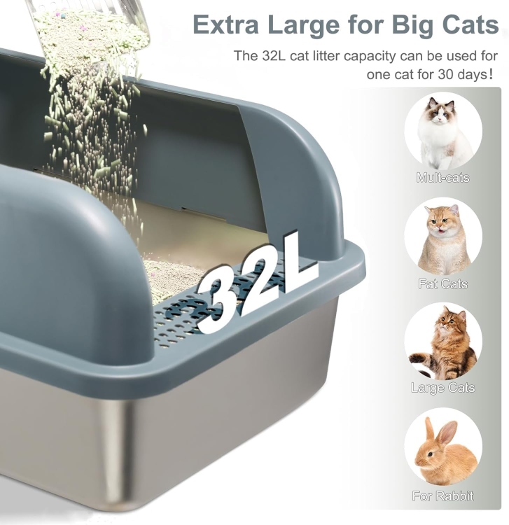 Stainless Steel Litter Box with  Extra Large Cat Litter Box  ( XL , L ) 