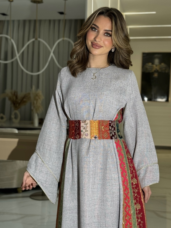 جلابية ياسمينا   Grey Linen Jalabiya With  Belt 