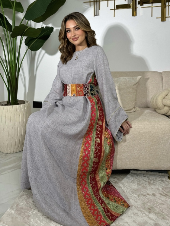 جلابية ياسمينا   Grey Linen Jalabiya With  Belt 