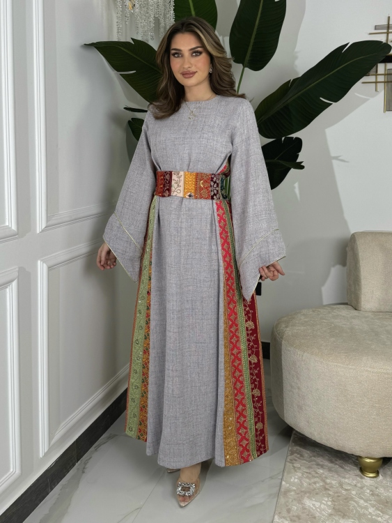 جلابية ياسمينا   Grey Linen Jalabiya With  Belt 