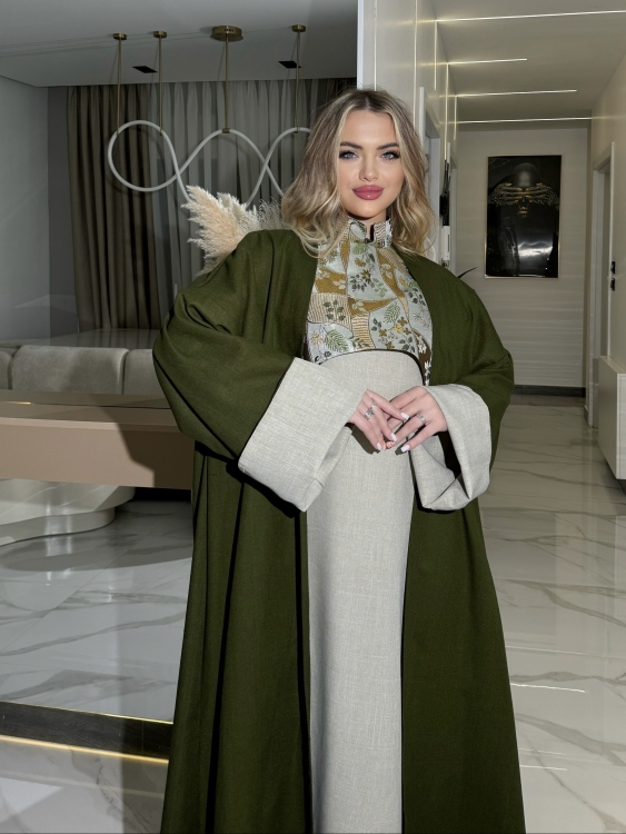  Cape Jalabiya & Long Sleeve Dress (Olive-green) الملكة 