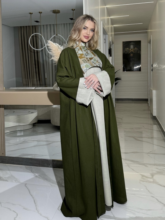  Cape Jalabiya & Long Sleeve Dress (Olive-green) الملكة 