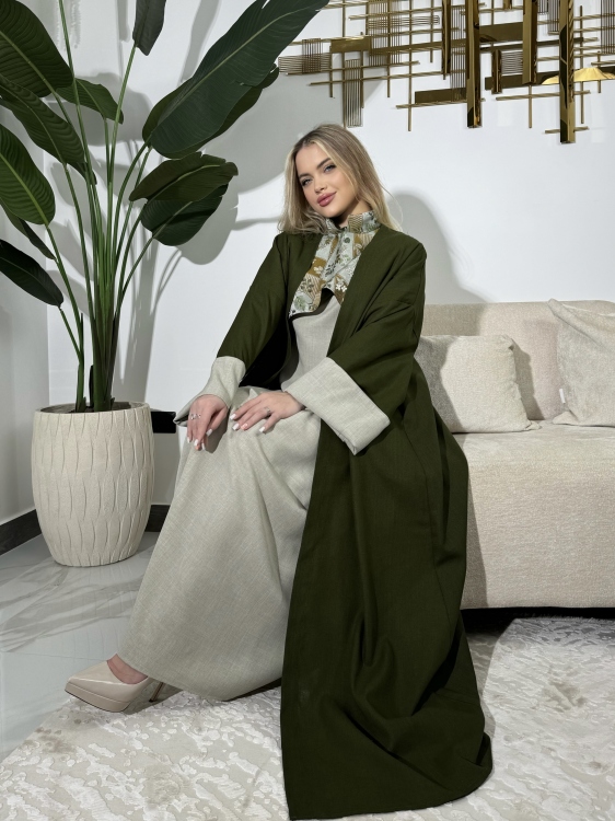  Cape Jalabiya & Long Sleeve Dress (Olive-green) الملكة 