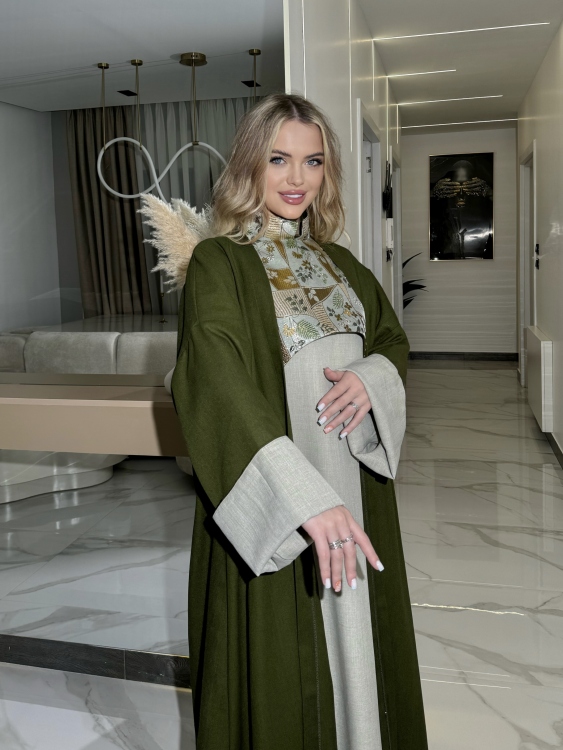  Cape Jalabiya & Long Sleeve Dress (Olive-green) الملكة 