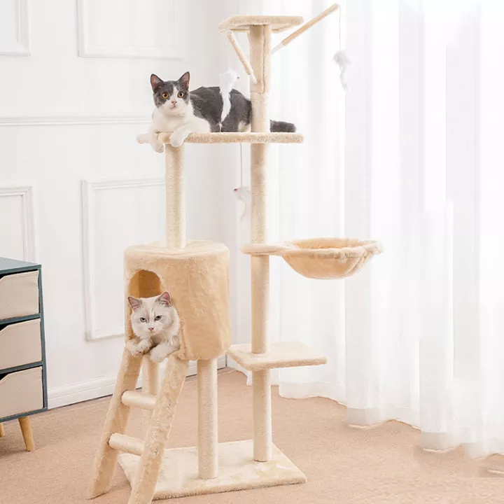 Climbing Tower Frame with Hammock Nest Scratching Post Toy , Pet Jumping Furniture