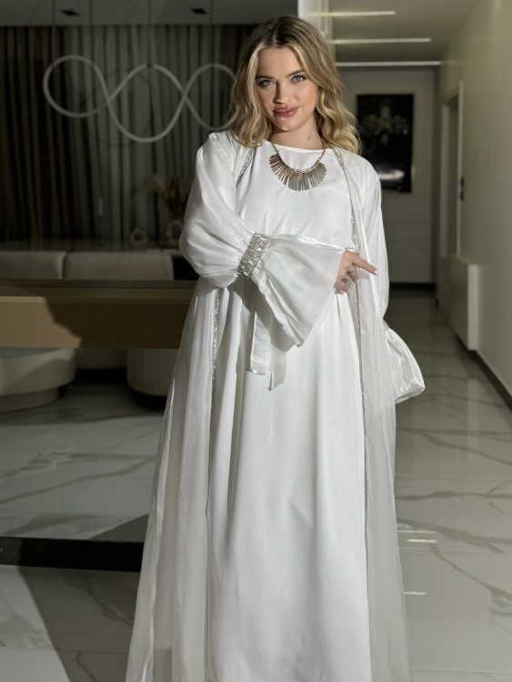 Two pieces chiffon abaya dress set white العروسة