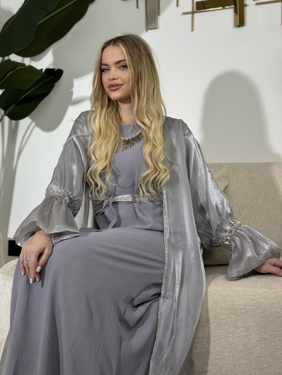 Two pieces chiffon abaya and dress (grey) العروسة