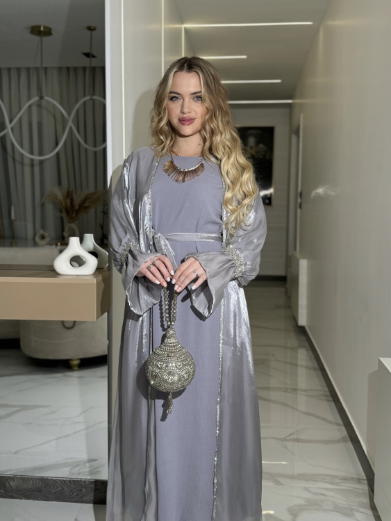 Two pieces chiffon abaya and dress (grey) العروسة