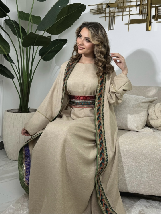 Dark Biege Long Sleeve Dress & Abaya لولوه