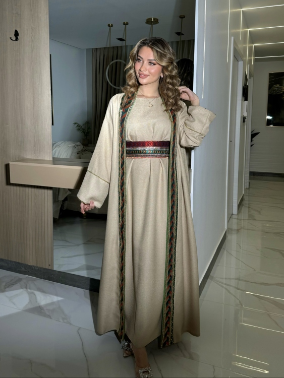 Dark Biege Long Sleeve Dress & Abaya لولوه