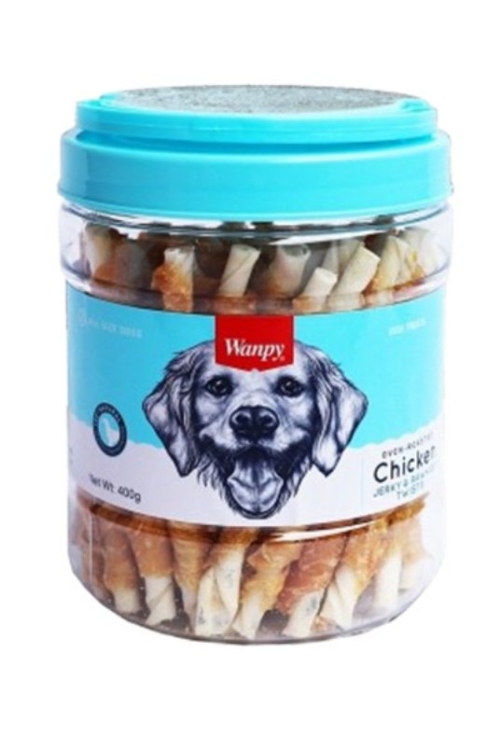 Wanpy Chicken Jerky & Rawhide Twists Jar 400g