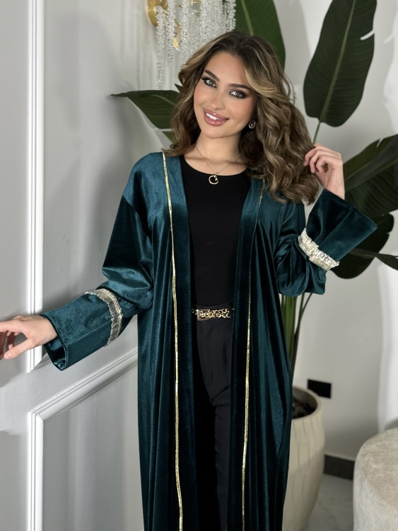Open Front Abaya With Detailed Cuff (تركواز) بشت نور