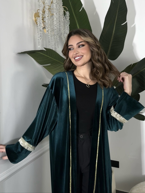 Open Front Abaya With Detailed Cuff (تركواز) بشت نور