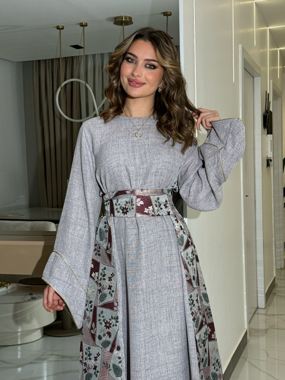 جلابية ياسمينا  Grey Jalabiya With Floral Belt 