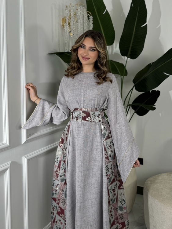 جلابية ياسمينا  Grey Jalabiya With Floral Belt 