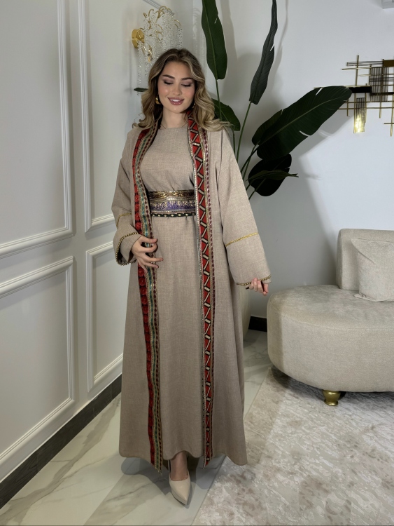 Dark Bieg Long Sleeve Dress & Abaya اللولوه بني 