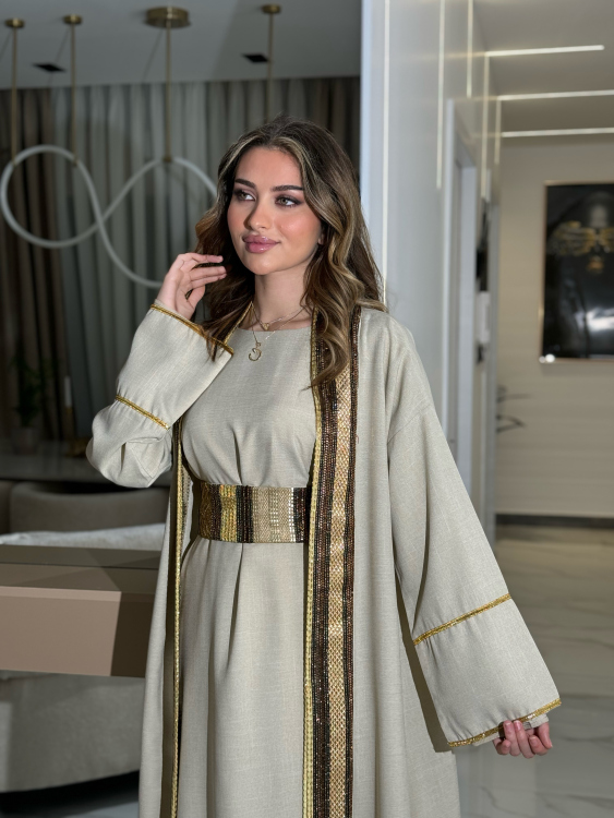 Long Sleeve Dress & Abaya (بيج فاتح)اللولوه