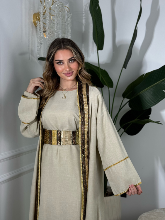 Long Sleeve Dress & Abaya (بيج فاتح)اللولوه