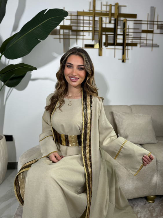 Long Sleeve Dress & Abaya (بيج فاتح)اللولوه