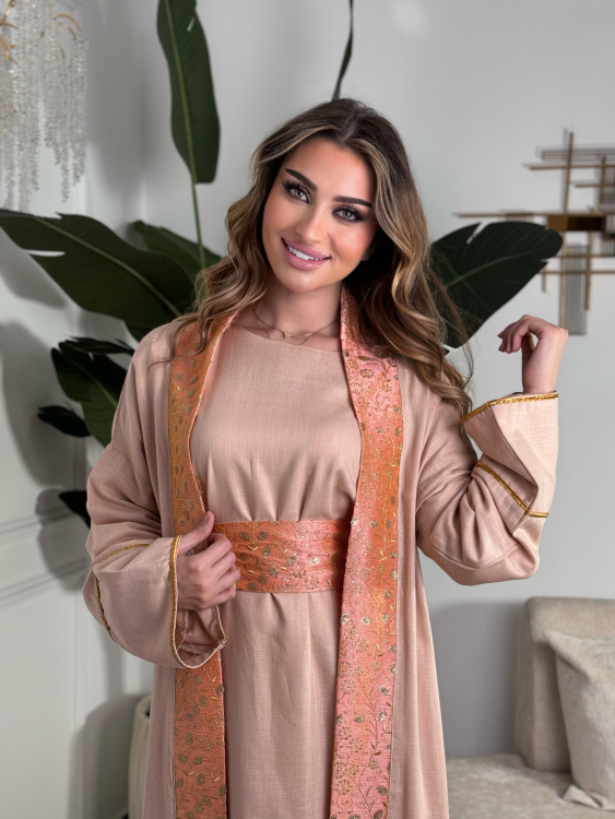 Long Sleeve Dress With Abaya )  اللولوه بيبي بينك عالطبيعه