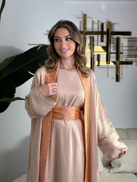 Long Sleeve Dress With Abaya )  اللولوه بيبي بينك عالطبيعه