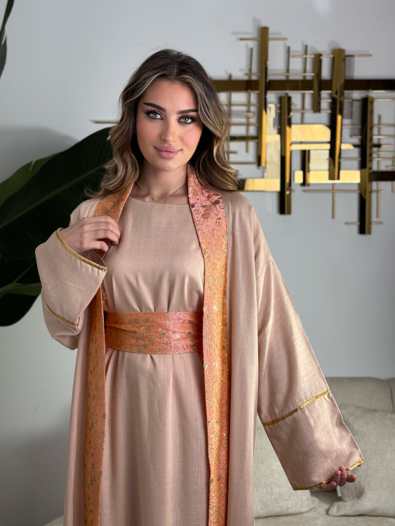 Long Sleeve Dress With Abaya )  اللولوه بيبي بينك عالطبيعه