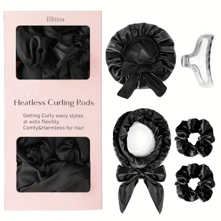 Ellitina, 5pcs No Heat Overnight Hair Curlers & Luxury Satin Sleep Bonnet 