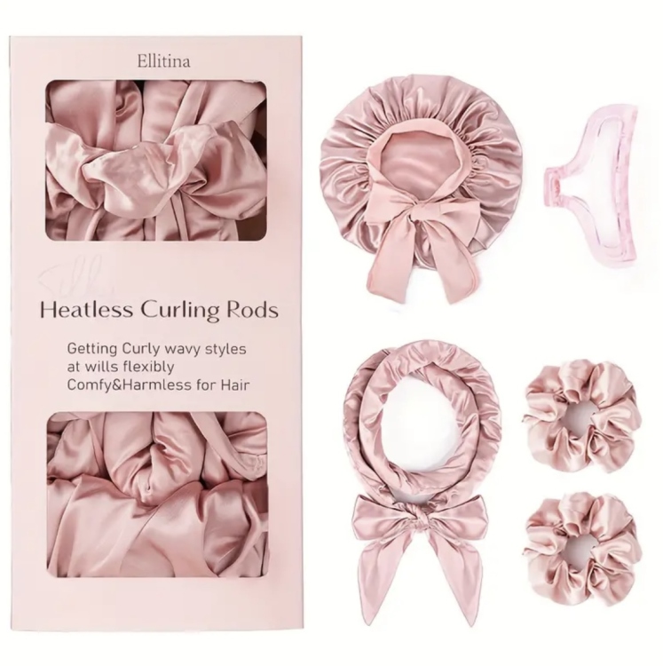Ellitina, 5pcs No Heat Overnight Hair Curlers & Luxury Satin Sleep Bonnet 