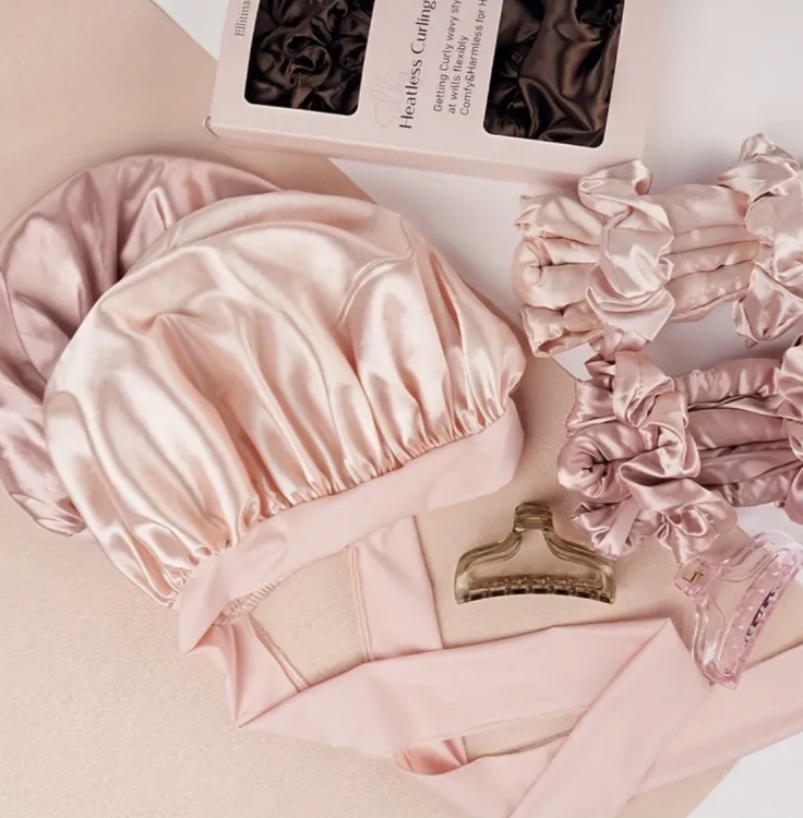 Ellitina, 5pcs No Heat Overnight Hair Curlers & Luxury Satin Sleep Bonnet 