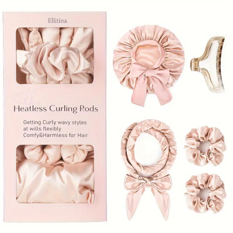 Ellitina, 5pcs No Heat Overnight Hair Curlers & Luxury Satin Sleep Bonnet 