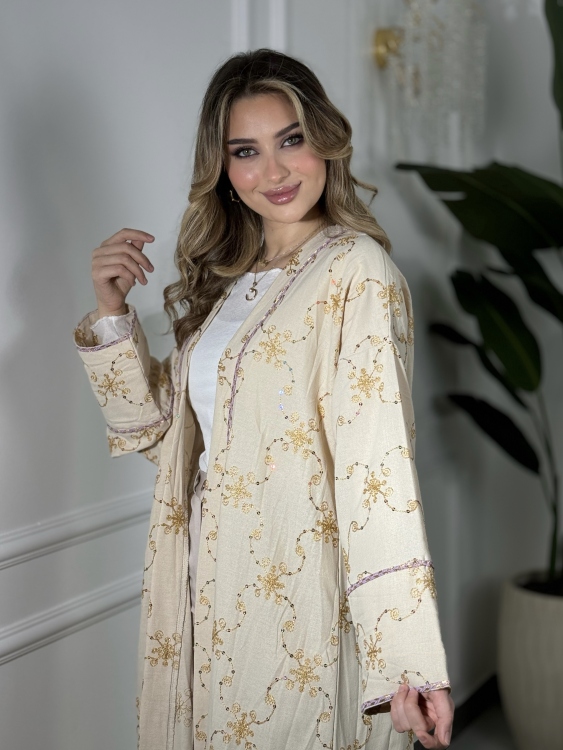 Floral Open Front Abaya (بيج)بشت نور 