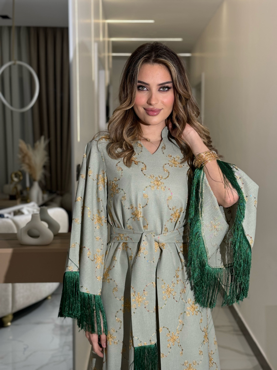 Fringe Hem Belted Dressجلابية صبايا(فستقي)