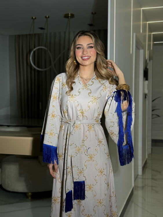 Fringe Hem Belted Dressجلابية صبايا(رمادي)