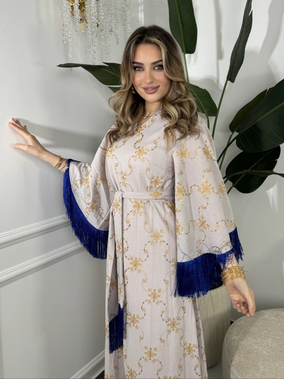 Fringe Hem Belted Dressجلابية صبايا(رمادي)