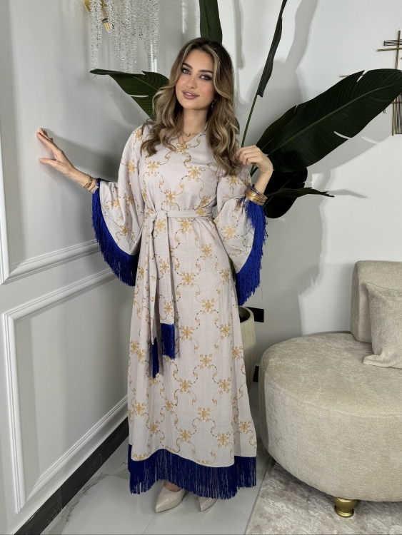 Fringe Hem Belted Dressجلابية صبايا(رمادي)