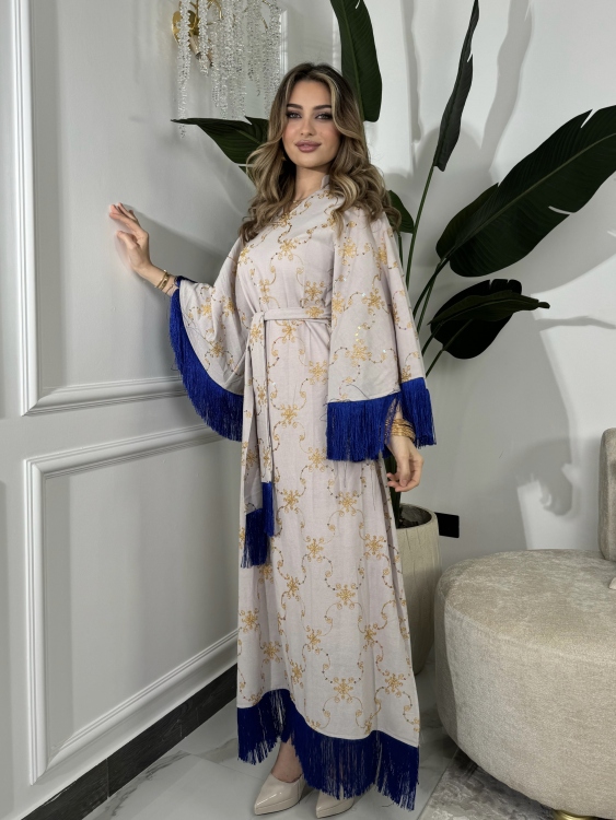 Fringe Hem Belted Dressجلابية صبايا(رمادي)