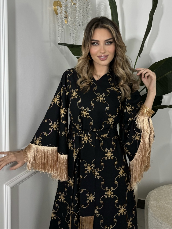 Fringe Hem Belted Dressجلابية صبايا(اسود)