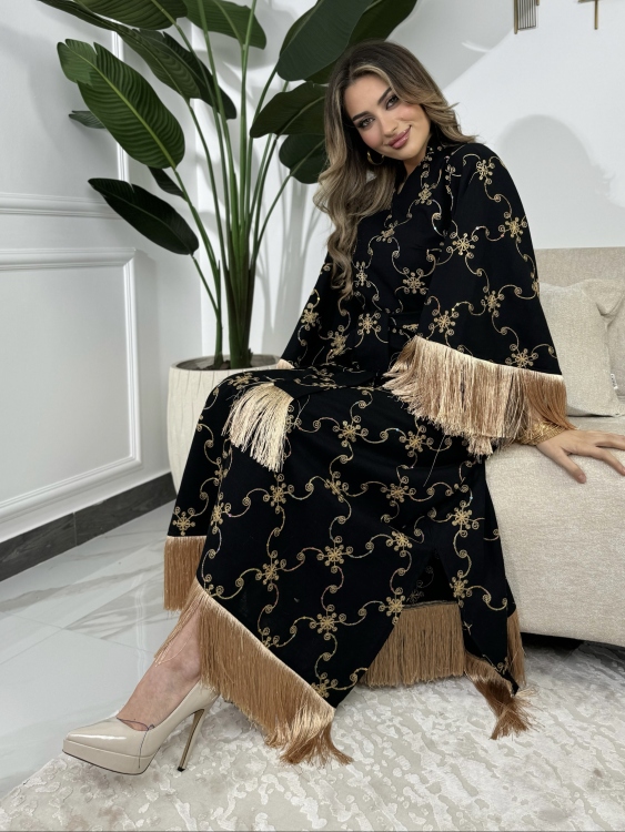 Fringe Hem Belted Dressجلابية صبايا(اسود)