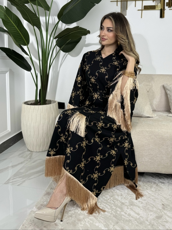 Fringe Hem Belted Dressجلابية صبايا(اسود)