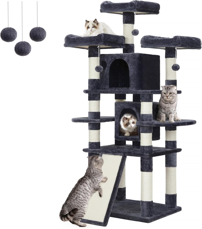 FEANDREA ( 170 CM ) Multi-Level Cat Tree for Large Cats, with Cozy Perches, Stable, Smoky Gray