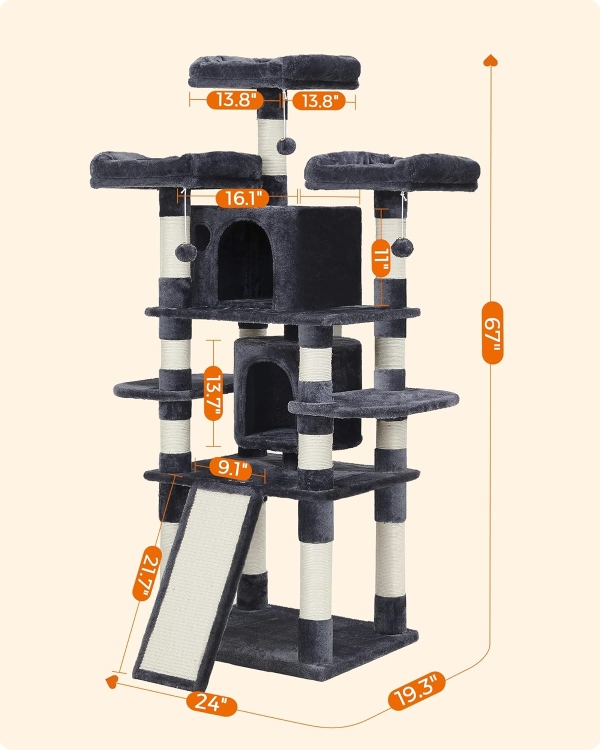 FEANDREA ( 170 CM ) Multi-Level Cat Tree for Large Cats, with Cozy Perches, Stable, Smoky Gray
