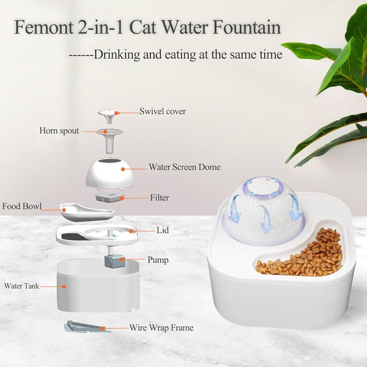 Femont 2-in-1 Cat Water Fountain & Feeding Bowl,2.5L/84.5OZ Automatic,Ultra Quiet  with 3 Filters,