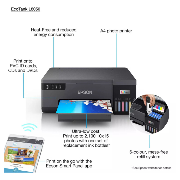 Epson EcoTank L8050 A4 Single Function 6 Color Ink Tank Photo Printer