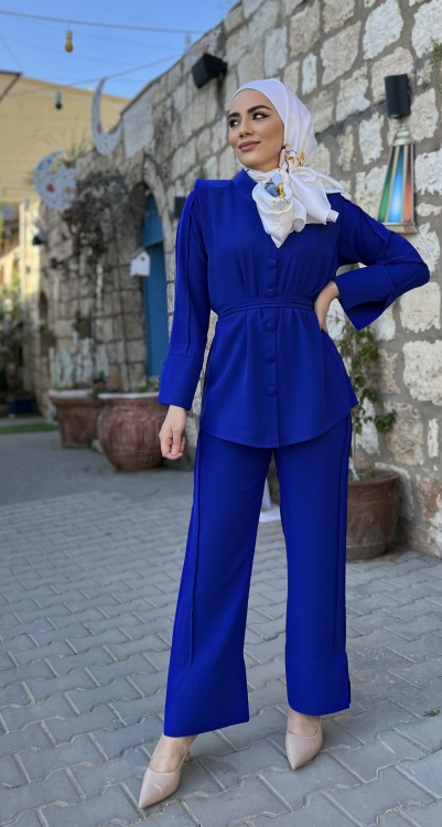 Button Front Belted Blouse & Pants Set