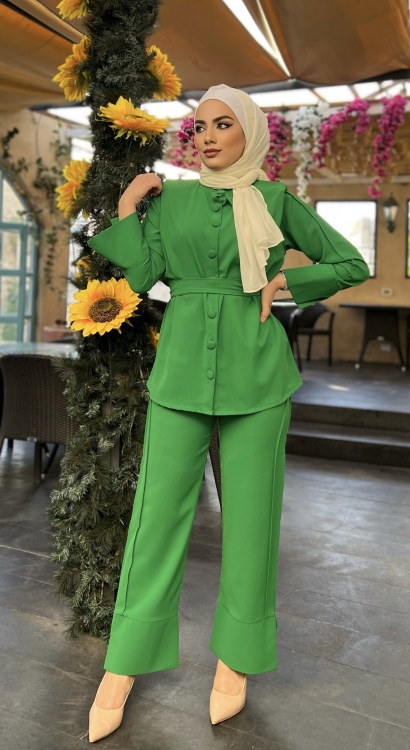 Button Front Belted Blouse & Pants Set