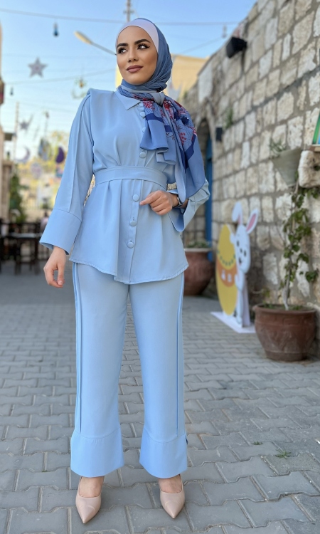 Button Front Belted Blouse & Pants Set