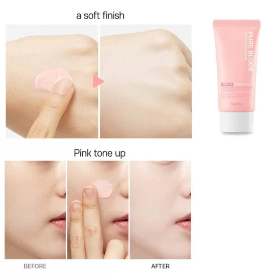 A'PIEU Pure Block Tone-Up Sun Base SPF50+ PA+++ كريم للوقاية من اشعة الشمس مع تأثير تفتيح فوري